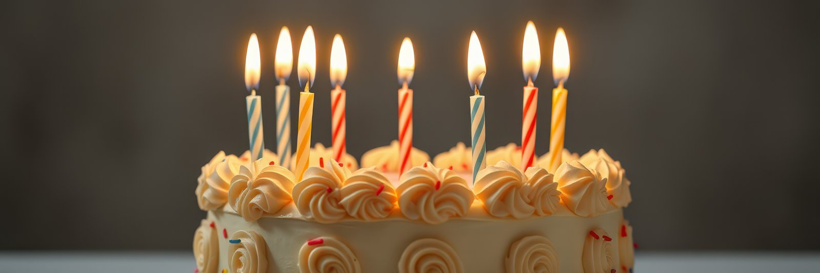 Celebration cake with lit candles surrounded by decorative icing and a festive atmosphere during a birthday party event